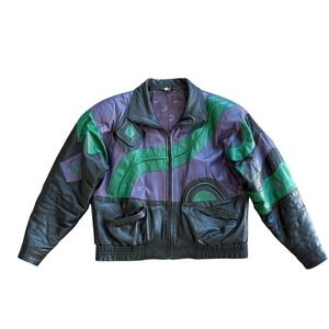 Vintage Leather Color Block Bomber Jacket Men's Purple Green Black Patchwork M